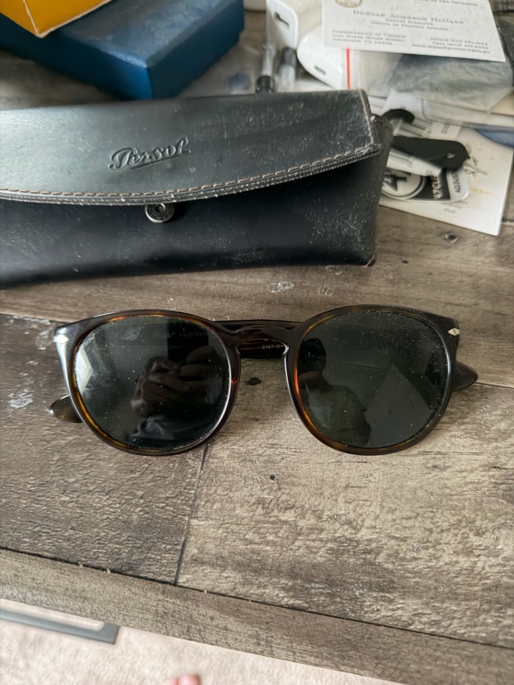 Persol Tortoiseshell Round Sunglasses with Dark Green Lenses (3157-S)